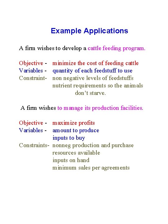 Example Applications A firm wishes to develop a cattle feeding program. Objective - minimize