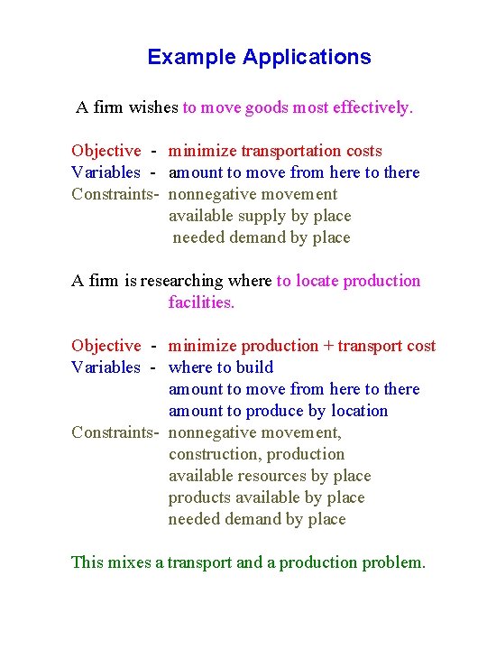 Example Applications A firm wishes to move goods most effectively. Objective - minimize transportation