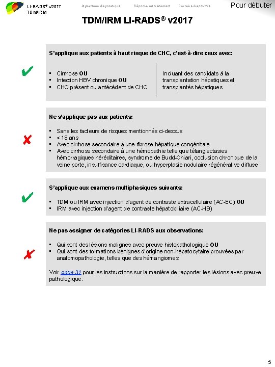 LI-RADS® v 2017 TDM/IRM Algorithme diagnostique Réponse au traitement Dernière diapositive Pour débuter TDM/IRM