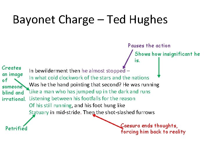 Bayonet Charge – Ted Hughes Pauses the action Shows how insignificant he is. Creates