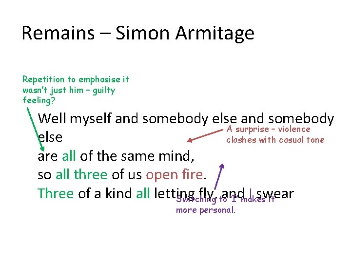 Remains – Simon Armitage Repetition to emphasise it wasn’t just him – guilty feeling?