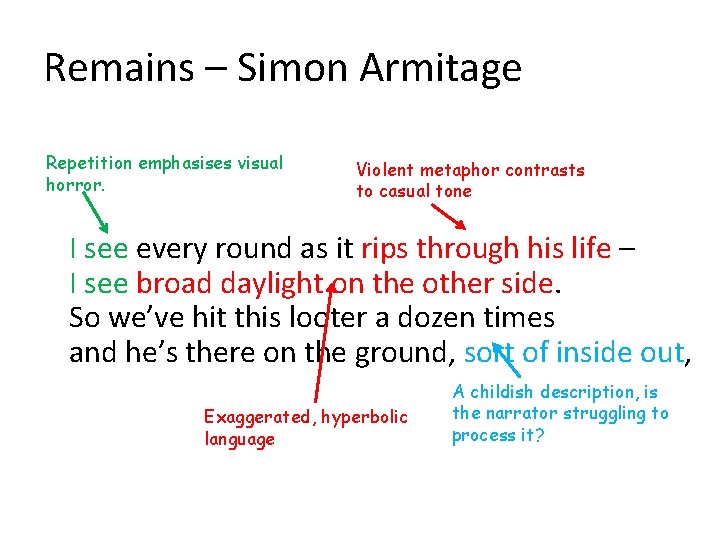 Remains – Simon Armitage Repetition emphasises visual horror. Violent metaphor contrasts to casual tone
