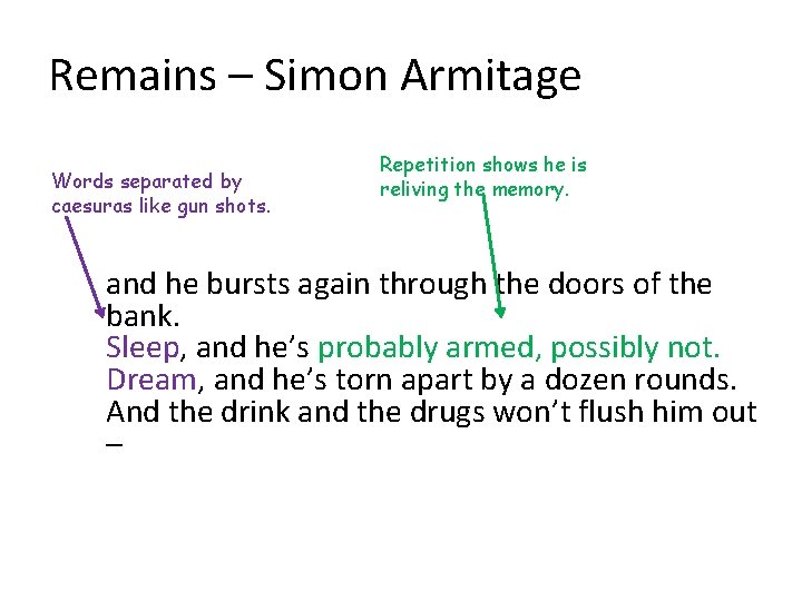 Remains – Simon Armitage Words separated by caesuras like gun shots. Repetition shows he