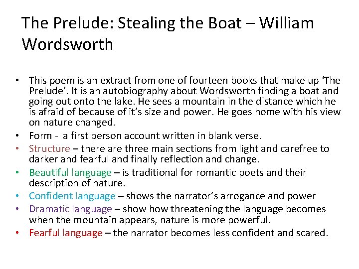 The Prelude: Stealing the Boat – William Wordsworth • This poem is an extract