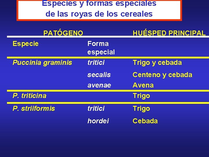 Especies y formas especiales de las royas de los cereales PATÓGENO HUÉSPED PRINCIPAL Especie