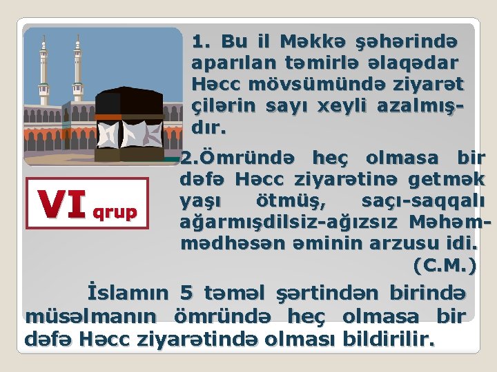 1. Bu il Məkkə şəhərində aparılan təmirlə əlaqədar Həcc mövsümündə ziyarət çilərin sayı xeyli