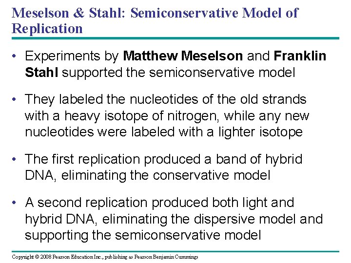 Meselson & Stahl: Semiconservative Model of Replication • Experiments by Matthew Meselson and Franklin