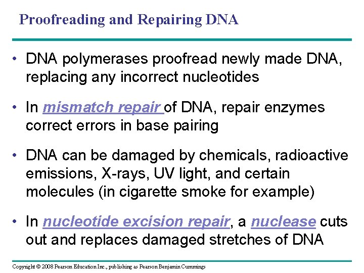 Proofreading and Repairing DNA • DNA polymerases proofread newly made DNA, replacing any incorrect
