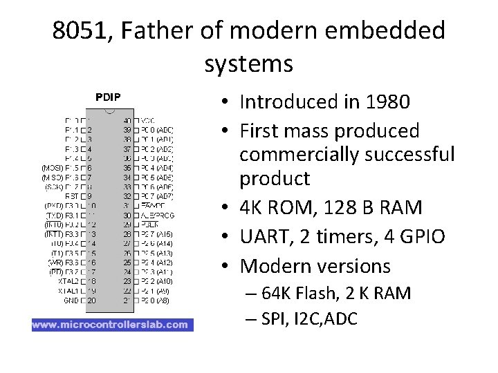 8051, Father of modern embedded systems • Introduced in 1980 • First mass produced