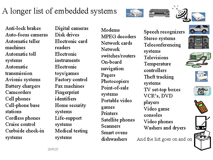 A longer list of embedded systems Anti-lock brakes Auto-focus cameras Automatic teller machines Automatic