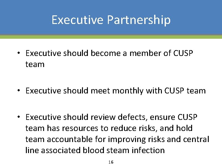 Executive Partnership • Executive should become a member of CUSP team • Executive should