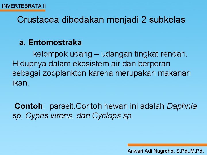 INVERTEBRATA II Crustacea dibedakan menjadi 2 subkelas a. Click Entomostraka ____ __to____ edit Master