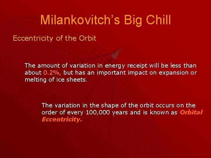 Milankovitch’s Big Chill Eccentricity of the Orbit The amount of variation in energy receipt