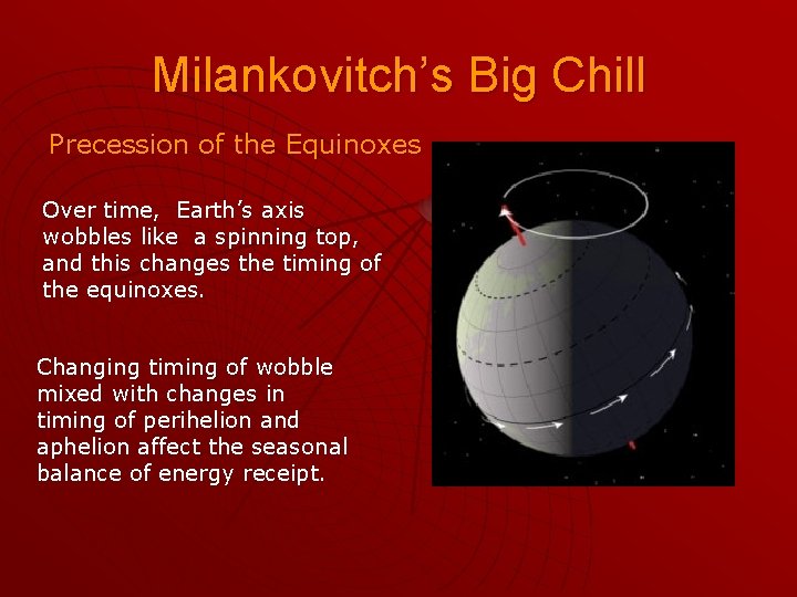 Milankovitch’s Big Chill Precession of the Equinoxes Over time, Earth’s axis wobbles like a