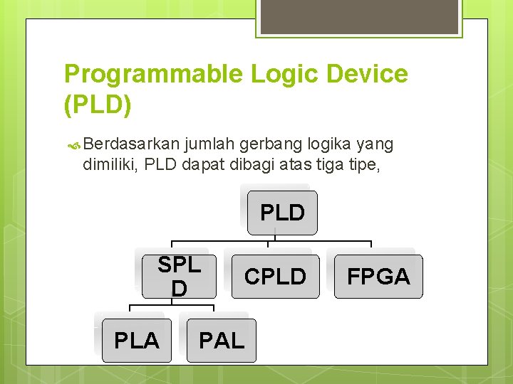 Programmable Logic Device (PLD) Berdasarkan jumlah gerbang logika yang dimiliki, PLD dapat dibagi atas Programmable Logic Device (PLD) Berdasarkan jumlah gerbang logika yang dimiliki, PLD dapat dibagi atas