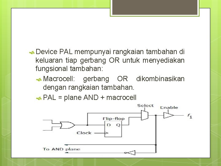  Device PAL mempunyai rangkaian tambahan di keluaran tiap gerbang OR untuk menyediakan fungsional