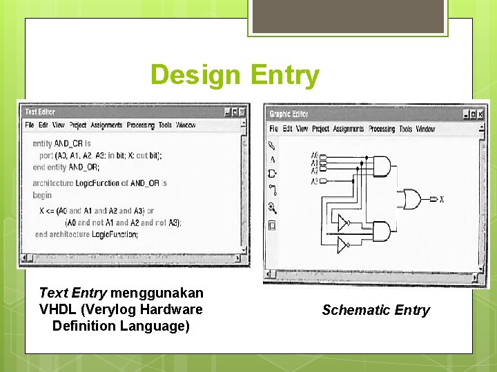 Design Entry Text Entry menggunakan VHDL (Verylog Hardware Definition Language) Schematic Entry 