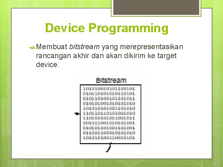 Device Programming Membuat bitstream yang merepresentasikan rancangan akhir dan akan dikirim ke target device.