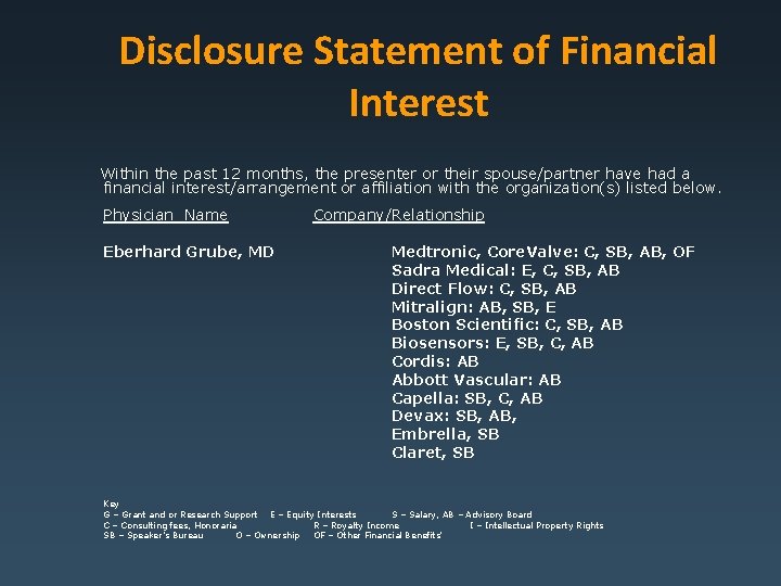 Disclosure Statement of Financial Interest Within the past 12 months, the presenter or their
