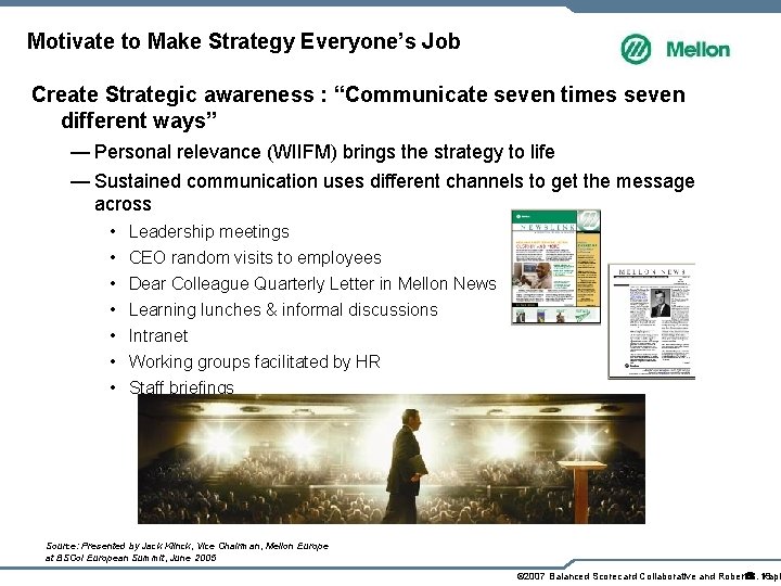 Motivate to Make Strategy Everyone’s Job Create Strategic awareness : “Communicate seven times seven