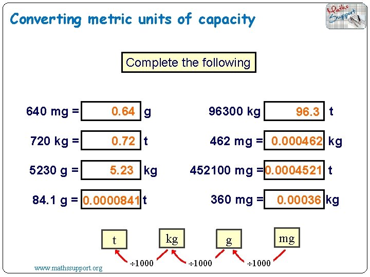 Converting metric units of capacity Complete the following 640 mg = 0. 64 g