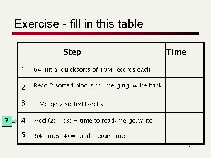 Exercise - fill in this table Step 1 64 initial quicksorts of 10 M