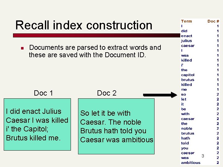 Recall index construction n Documents are parsed to extract words and these are saved