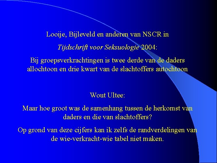 Looije, Bijleveld en anderen van NSCR in Tijdschrift voor Seksuologie 2004: Bij groepsverkrachtingen is