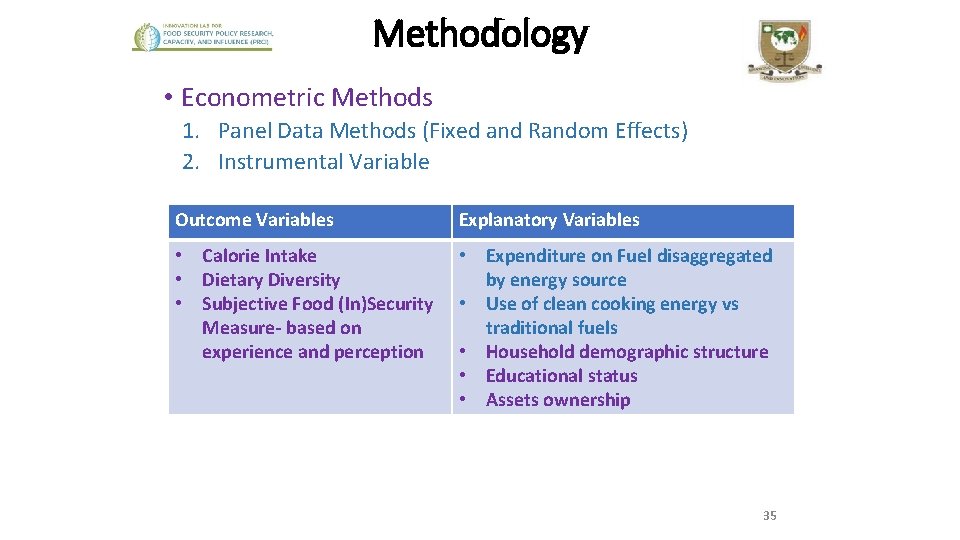 Methodology • Econometric Methods 1. Panel Data Methods (Fixed and Random Effects) 2. Instrumental