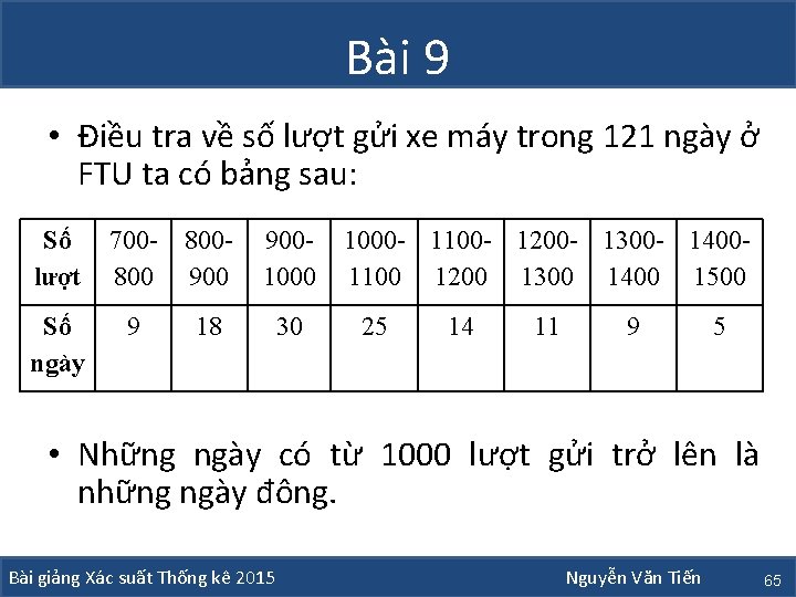 Bài 9 • Điều tra về số lượt gửi xe máy trong 121 ngày