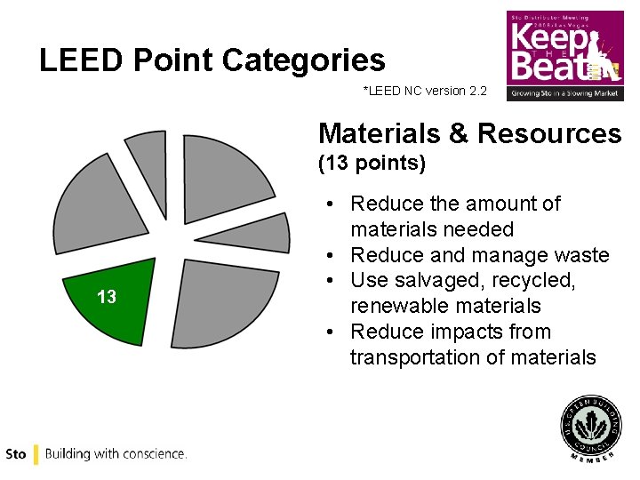 LEED Point Categories *LEED NC version 2. 2 Materials & Resources (13 points) 14