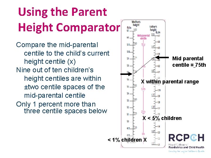 Using the Parent Height Comparator Compare the mid-parental centile to the child’s current height