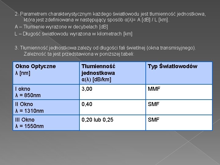 2. Parametrem charakterystycznym każdego światłowodu jest tłumienność jednostkowa, która jest zdefiniowana w następujący sposób