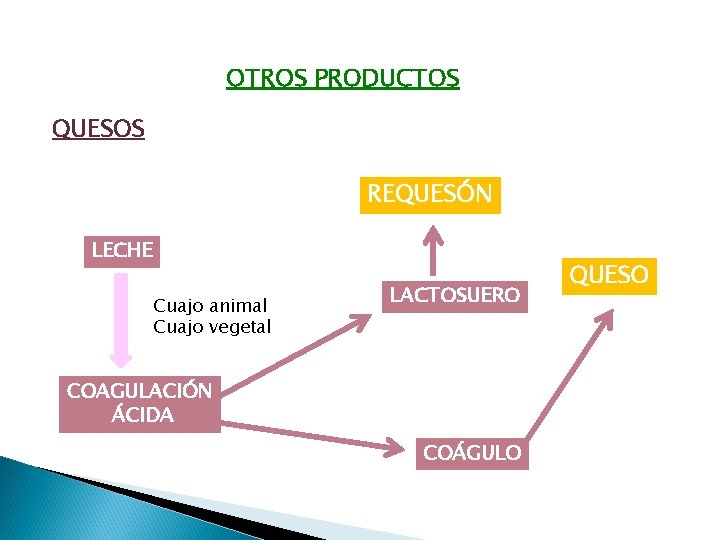 OTROS PRODUCTOS QUESOS REQUESÓN LECHE Cuajo animal Cuajo vegetal LACTOSUERO COAGULACIÓN ÁCIDA COÁGULO QUESO