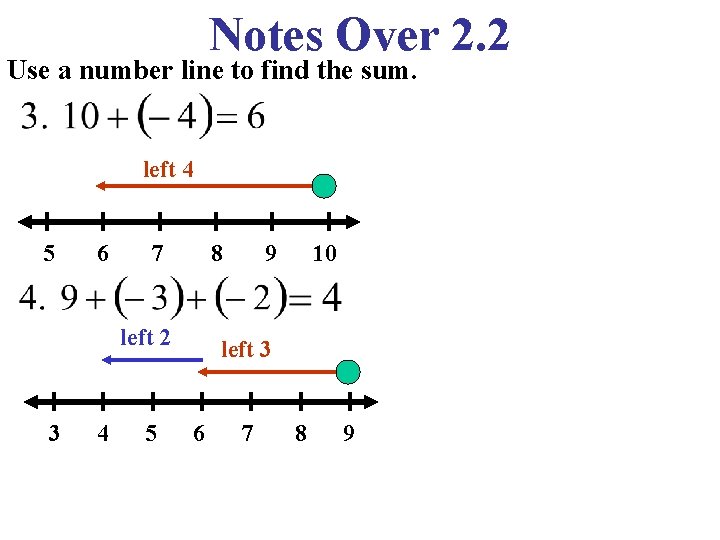 Notes Over 2. 2 Use a number line to find the sum. left 4