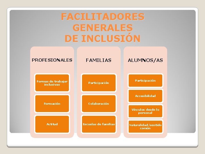 FACILITADORES GENERALES DE INCLUSIÓN PROFESIONALES FAMILIAS Formas de trabajar inclusivas Participación ALUMNOS/AS Participación Accesibilidad