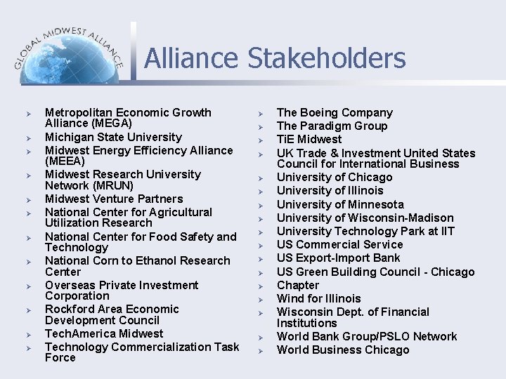 Alliance Stakeholders Ø Ø Ø Metropolitan Economic Growth Alliance (MEGA) Michigan State University Midwest