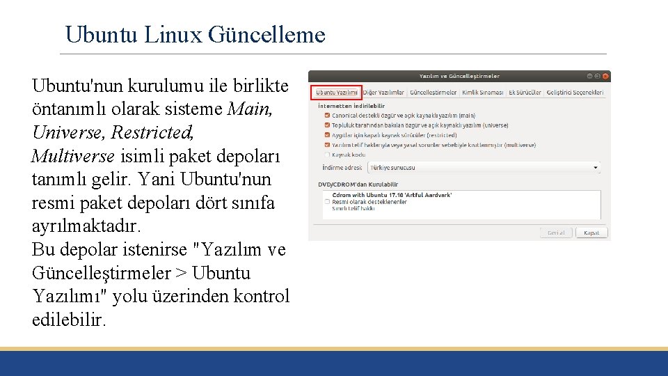 Ubuntu Linux Güncelleme Ubuntu'nun kurulumu ile birlikte öntanımlı olarak sisteme Main, Universe, Restricted, Multiverse