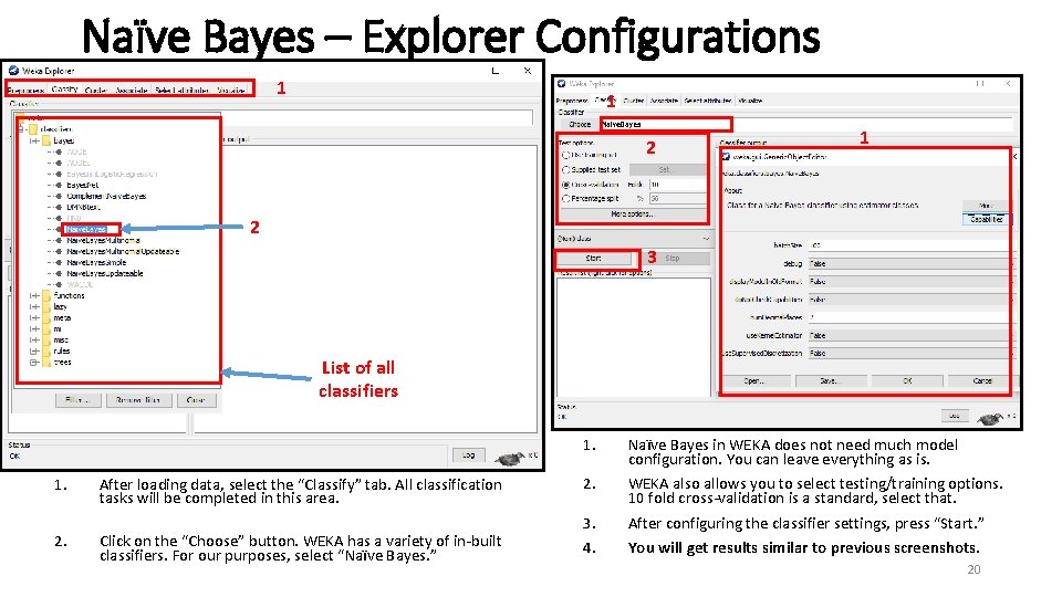 Naïve Bayes – Explorer Configurations 1 1 2 3 List of all classifiers 1.