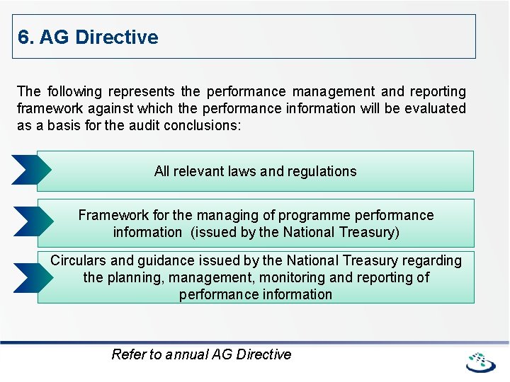 6. AG Directive The following represents the performance management and reporting framework against which