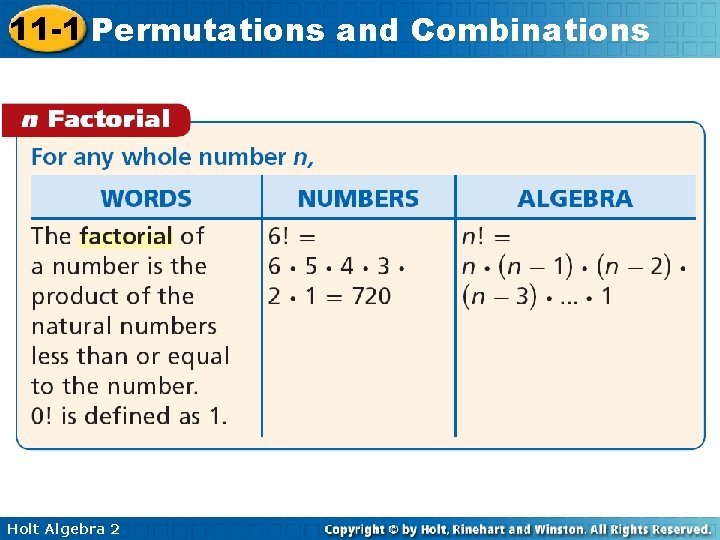 11 -1 Permutations and Combinations Holt Algebra 2 