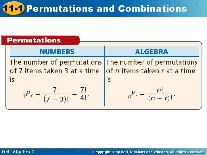 11 -1 Permutations and Combinations Holt Algebra 2 