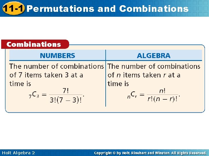 11 -1 Permutations and Combinations Holt Algebra 2 