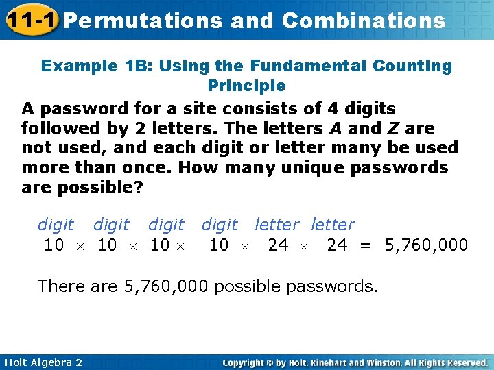 11 -1 Permutations and Combinations Example 1 B: Using the Fundamental Counting Principle A