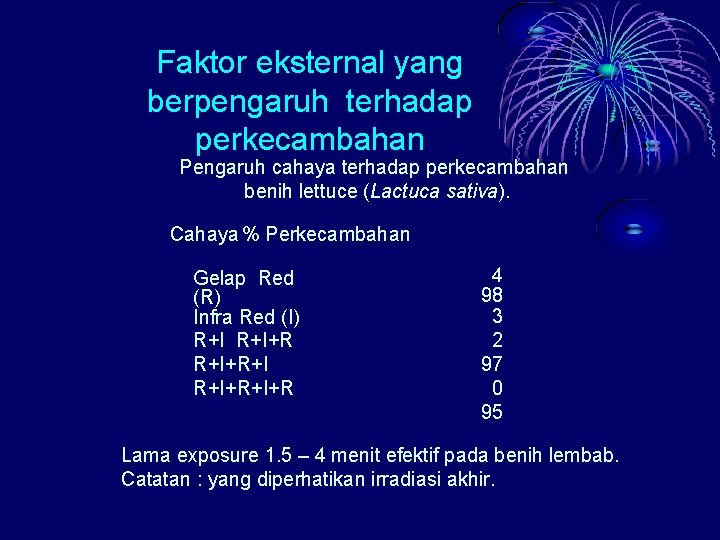 Faktor eksternal yang berpengaruh terhadap perkecambahan Pengaruh cahaya terhadap perkecambahan benih lettuce (Lactuca sativa).