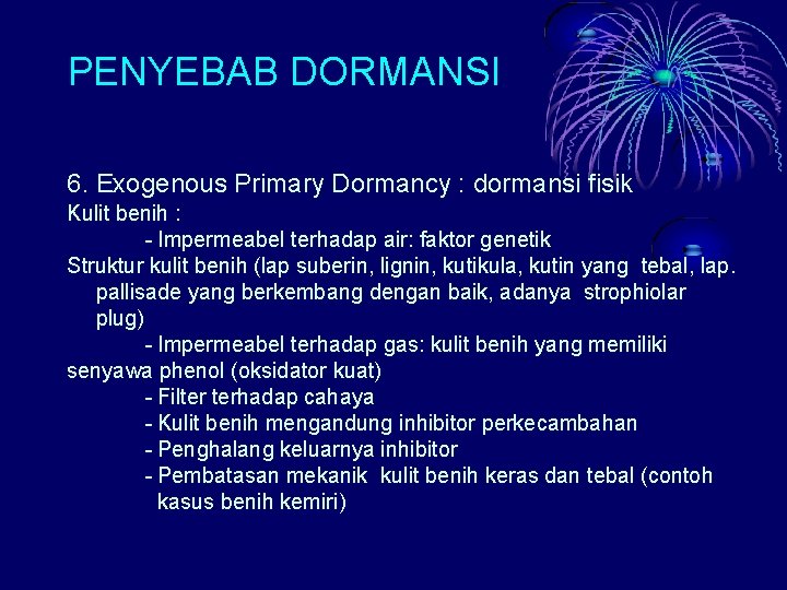 PENYEBAB DORMANSI 6. Exogenous Primary Dormancy : dormansi fisik Kulit benih : - Impermeabel