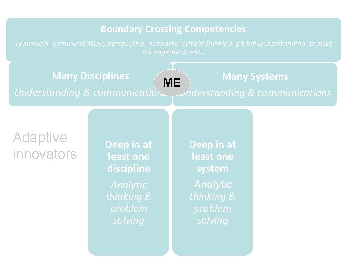 Boundary Crossing Competencies Teamwork, communication, perspective, networks, critical thinking, global understanding, project management, etc.