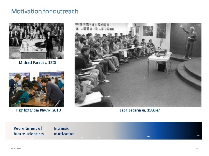 Motivation for outreach Michael Faraday, 1825 Highlights der Physik, 2013 Recruitment of future scientists