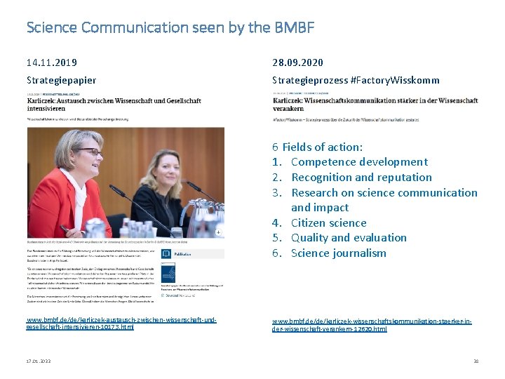 Science Communication seen by the BMBF 14. 11. 2019 28. 09. 2020 Strategiepapier Strategieprozess