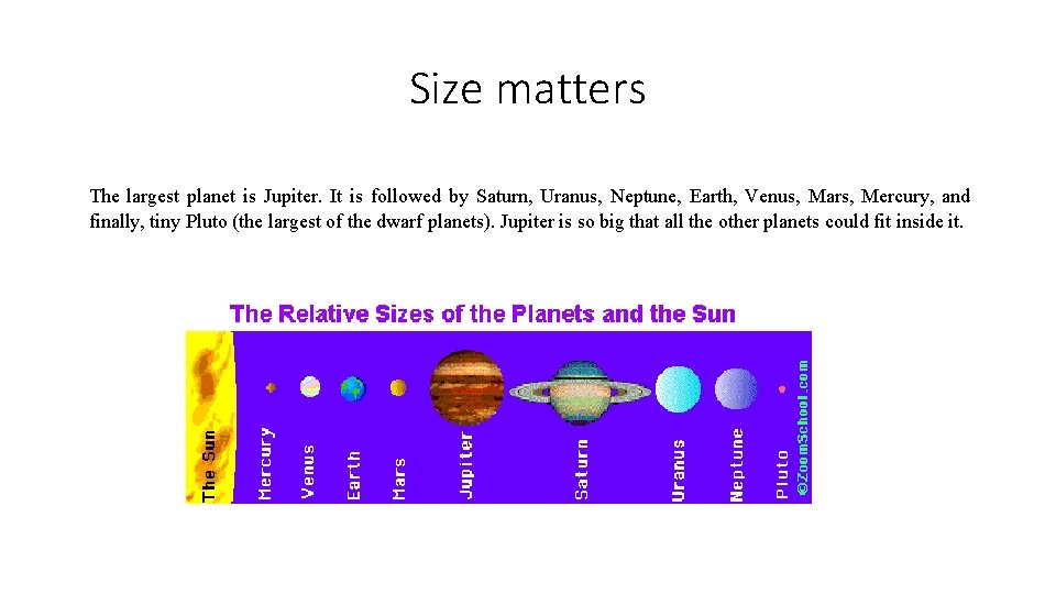 Size matters The largest planet is Jupiter. It is followed by Saturn, Uranus, Neptune,